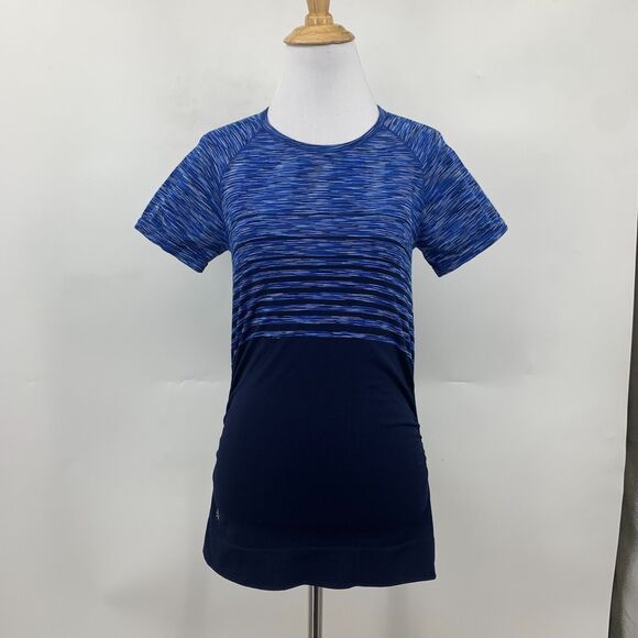 Athleta Finish Fast Spacedye Tee Women S Navy Reflective Ruched Side Gripper Hem - Picture 2 of 15